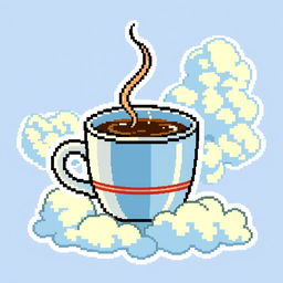 A pixel art sticker featuring a steaming cup of coffee with a vibrant cloud background