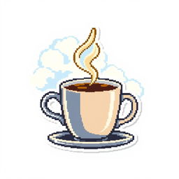 A pixel art sticker featuring a steaming cup of coffee with a vibrant cloud background