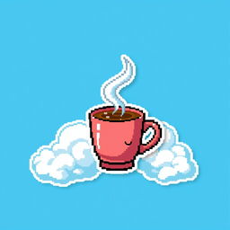 A pixel art sticker featuring a steaming cup of coffee with a vibrant cloud background