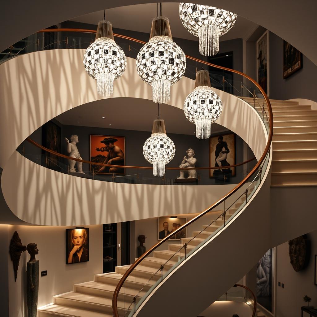 A double-height staircase with magnificent illumination and artistic elements