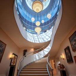 A double-height staircase with magnificent illumination and artistic elements