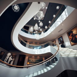 A double-height staircase with magnificent illumination and artistic elements