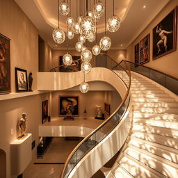 A double-height staircase with magnificent illumination and artistic elements