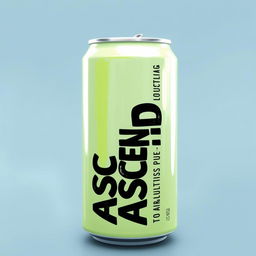 A full view of a soda can with vertical black "ASCEND" lettering on the can