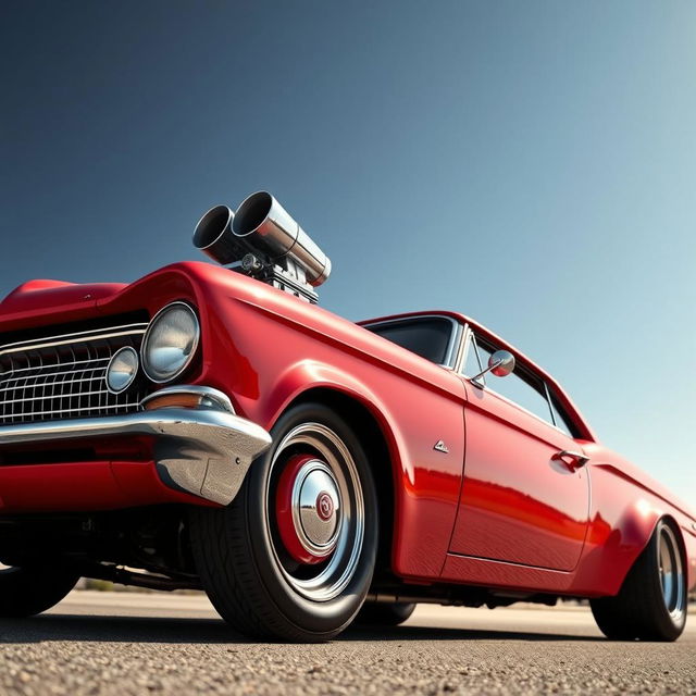 A stunning red hotrod car captured in a dramatic 3-point perspective, showcasing its sleek design and powerful presence