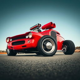 A stunning red hotrod car captured in a dramatic 3-point perspective, showcasing its sleek design and powerful presence