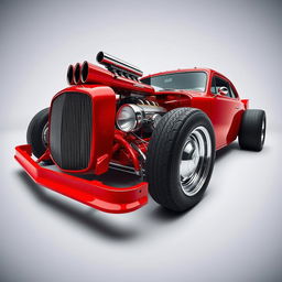 A stunning red hotrod car captured in a dramatic 3-point perspective, showcasing its sleek design and powerful presence