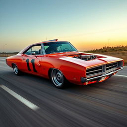 A customized Dodge Charger inspired by the iconic "General Lee" from the TV show with a street machine transformation