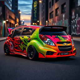 A fully customized Chevrolet Beat, showcasing a vibrant and glossy body paint with intricate racing decals and a full body kit