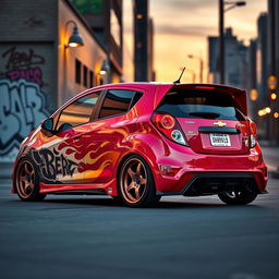 A fully customized Chevrolet Beat, showcasing a vibrant and glossy body paint with intricate racing decals and a full body kit