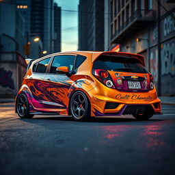 A fully customized Chevrolet Beat, showcasing a vibrant and glossy body paint with intricate racing decals and a full body kit