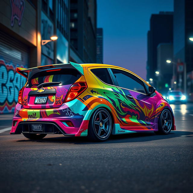 A fully customized Chevrolet Beat, showcasing a vibrant and glossy body paint with intricate racing decals and a full body kit