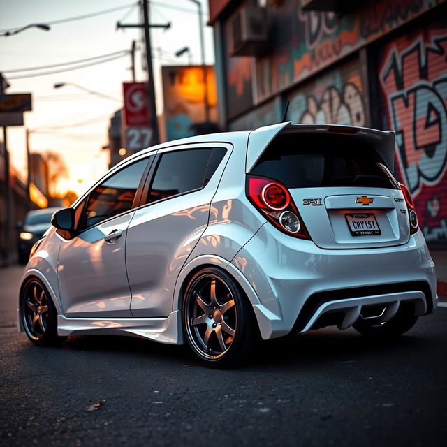 A fully customized Chevrolet Beat in a striking white color, featuring a glossy finish with subtle metallic accents