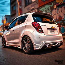 A fully customized Chevrolet Beat in a striking white color, featuring a glossy finish with subtle metallic accents