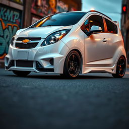 A fully customized Chevrolet Beat in a striking white color, featuring a glossy finish with subtle metallic accents