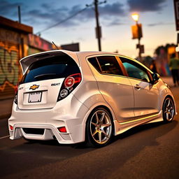 A fully customized Chevrolet Beat in a striking white color, featuring a glossy finish with subtle metallic accents