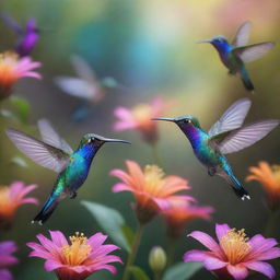 A photo of a flock of iridescent hummingbirds, shimmering with surreal colors, swiftly hovering around a magical flower radiating ethereal glow in a mystical garden with enchanting flora.