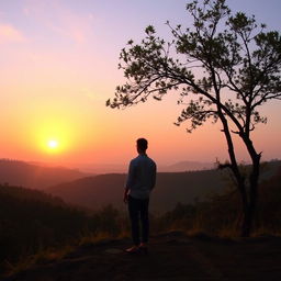 A tranquil scene depicting a person standing at the edge of a picturesque landscape during dawn, as the first light of day gently illuminates the horizon