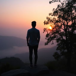 A tranquil scene depicting a person standing at the edge of a picturesque landscape during dawn, as the first light of day gently illuminates the horizon