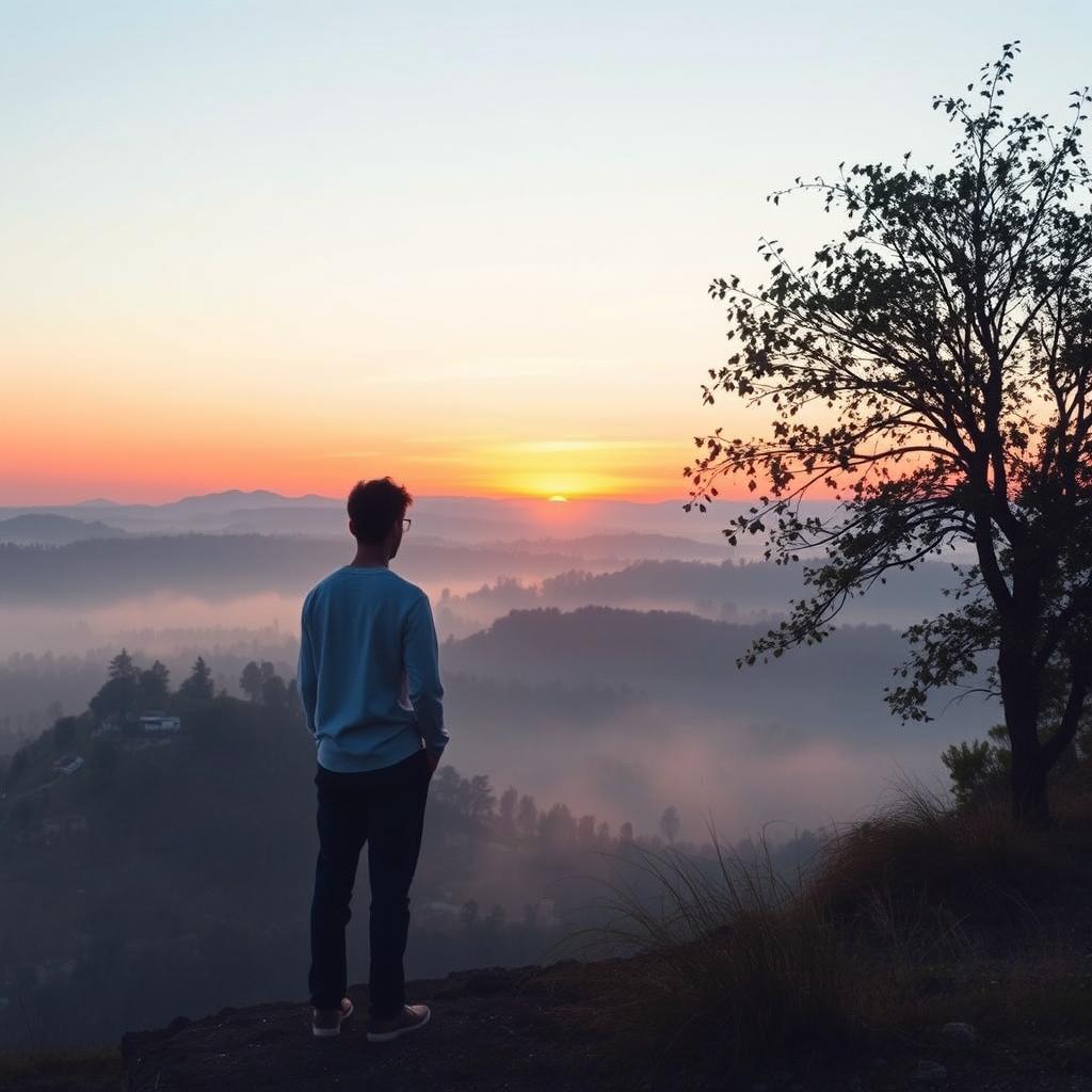 A tranquil scene depicting a person standing at the edge of a picturesque landscape during dawn, as the first light of day gently illuminates the horizon