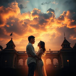 A romantic and dramatic scene depicting a couple in Bandung, embracing amidst the historic backdrop of the Bandung Lautan Api