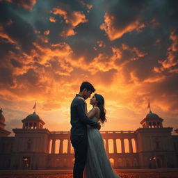 A romantic and dramatic scene depicting a couple in Bandung, embracing amidst the historic backdrop of the Bandung Lautan Api