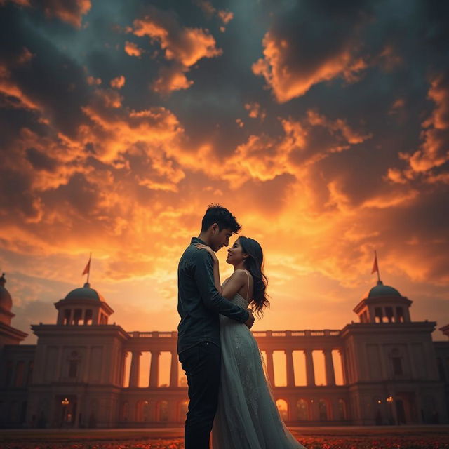 A romantic and dramatic scene depicting a couple in Bandung, embracing amidst the historic backdrop of the Bandung Lautan Api