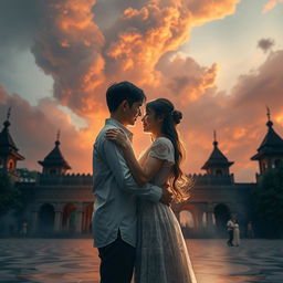 A romantic and dramatic scene depicting a couple in Bandung, embracing amidst the historic backdrop of the Bandung Lautan Api