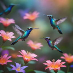 A photo of a flock of iridescent hummingbirds, shimmering with surreal colors, swiftly hovering around a magical flower radiating ethereal glow in a mystical garden with enchanting flora.