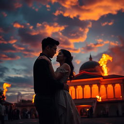 A romantic and dramatic scene depicting a couple in Bandung, embracing amidst the historic backdrop of the Bandung Lautan Api