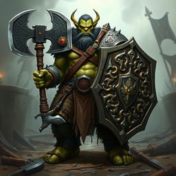 A formidable Orc Paladin standing tall with a commanding presence, wielding a massive double axe in one hand and a large, intricately designed shield in the other