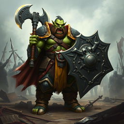 A formidable Orc Paladin standing tall with a commanding presence, wielding a massive double axe in one hand and a large, intricately designed shield in the other