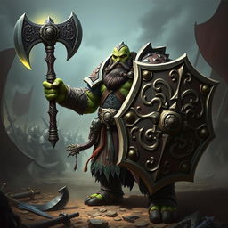 A formidable Orc Paladin standing tall with a commanding presence, wielding a massive double axe in one hand and a large, intricately designed shield in the other