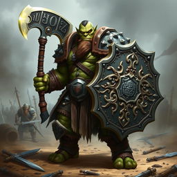 A formidable Orc Paladin standing tall with a commanding presence, wielding a massive double axe in one hand and a large, intricately designed shield in the other