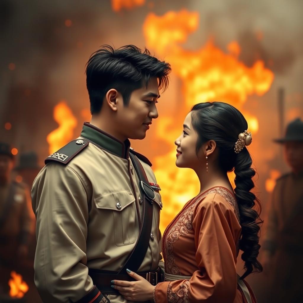 A historical romance scene during the Bandung Sea of Fire, depicting a brave commander and a village girl sharing a heartfelt moment amidst the chaos