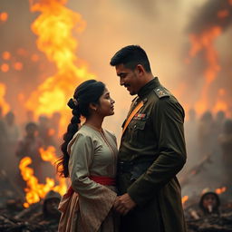 A historical romance scene during the Bandung Sea of Fire, depicting a brave commander and a village girl sharing a heartfelt moment amidst the chaos