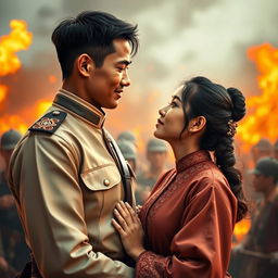 A historical romance scene during the Bandung Sea of Fire, depicting a brave commander and a village girl sharing a heartfelt moment amidst the chaos