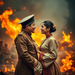 A historical romance scene during the Bandung Sea of Fire, depicting a brave commander and a village girl sharing a heartfelt moment amidst the chaos