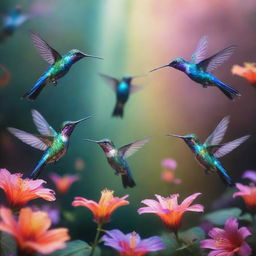 A photo of a flock of iridescent hummingbirds, shimmering with surreal colors, swiftly hovering around a magical flower radiating ethereal glow in a mystical garden with enchanting flora.