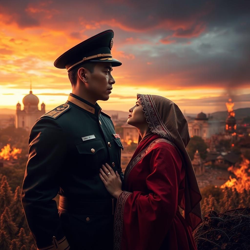 A romantic scene in "Bandung Lautan Api" setting, featuring a strong and noble military commander in uniform, gazing deeply into the eyes of a beautiful midwife wearing traditional Indonesian clothing