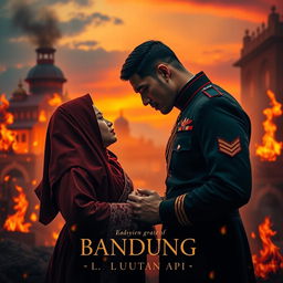 A romantic scene in "Bandung Lautan Api" setting, featuring a strong and noble military commander in uniform, gazing deeply into the eyes of a beautiful midwife wearing traditional Indonesian clothing