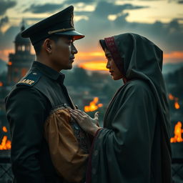 A romantic scene in "Bandung Lautan Api" setting, featuring a strong and noble military commander in uniform, gazing deeply into the eyes of a beautiful midwife wearing traditional Indonesian clothing