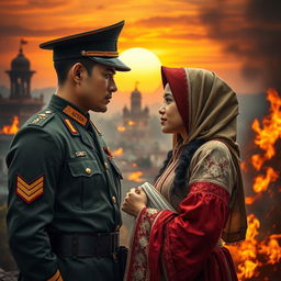 A romantic scene in "Bandung Lautan Api" setting, featuring a strong and noble military commander in uniform, gazing deeply into the eyes of a beautiful midwife wearing traditional Indonesian clothing