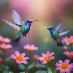 A photo of a flock of iridescent hummingbirds, shimmering with surreal colors, swiftly hovering around a magical flower radiating ethereal glow in a mystical garden with enchanting flora.