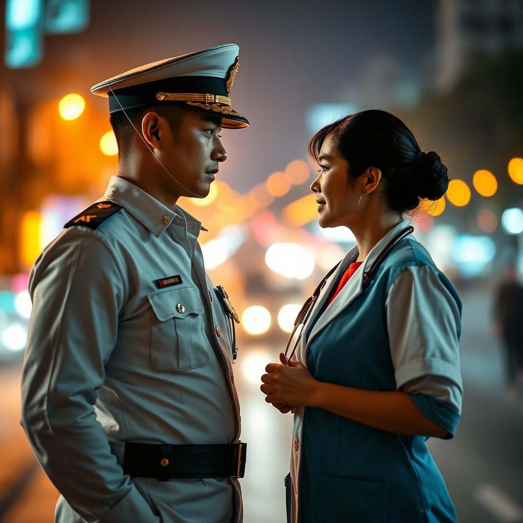 A romantic encounter in the city of Bandung, fiery atmosphere, a male military commander and a female doctor standing together, both dressed in their respective uniforms