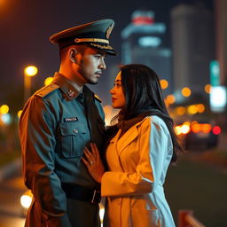 A romantic encounter in the city of Bandung, fiery atmosphere, a male military commander and a female doctor standing together, both dressed in their respective uniforms