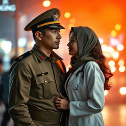 A romantic encounter in the city of Bandung, fiery atmosphere, a male military commander and a female doctor standing together, both dressed in their respective uniforms