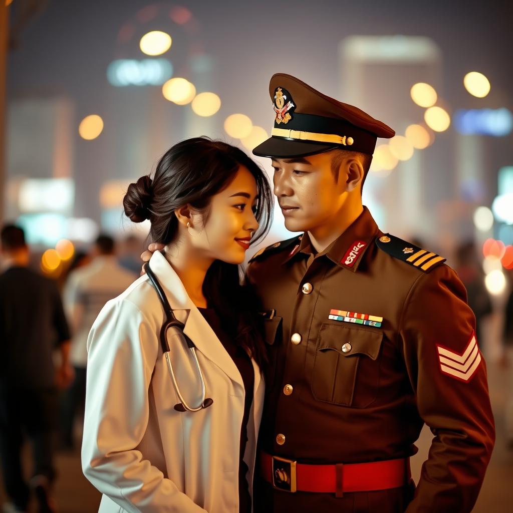 A romantic encounter in the city of Bandung, fiery atmosphere, a male military commander and a female doctor standing together, both dressed in their respective uniforms