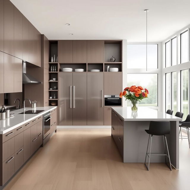 A modern kitchen with sleek countertops, stainless steel appliances, and a large central island with bar stools