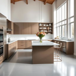 A modern kitchen with sleek countertops, stainless steel appliances, and a large central island with bar stools